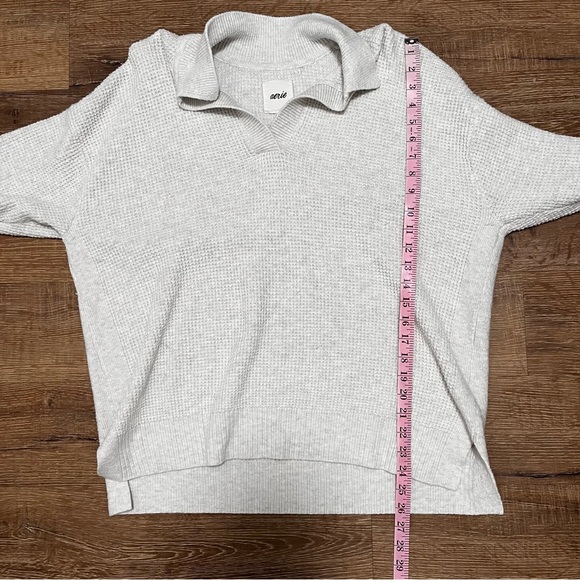 AERIE Cozy Waffle Knit Popover Sweater Light Heather Gray Size Medium - Picture 5 of 7